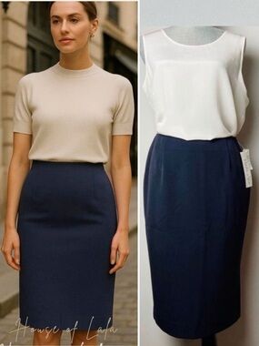 NWT  Navy Blue Classic Pencil Skirt. Modest Office  Workwear Skirt Size 10
